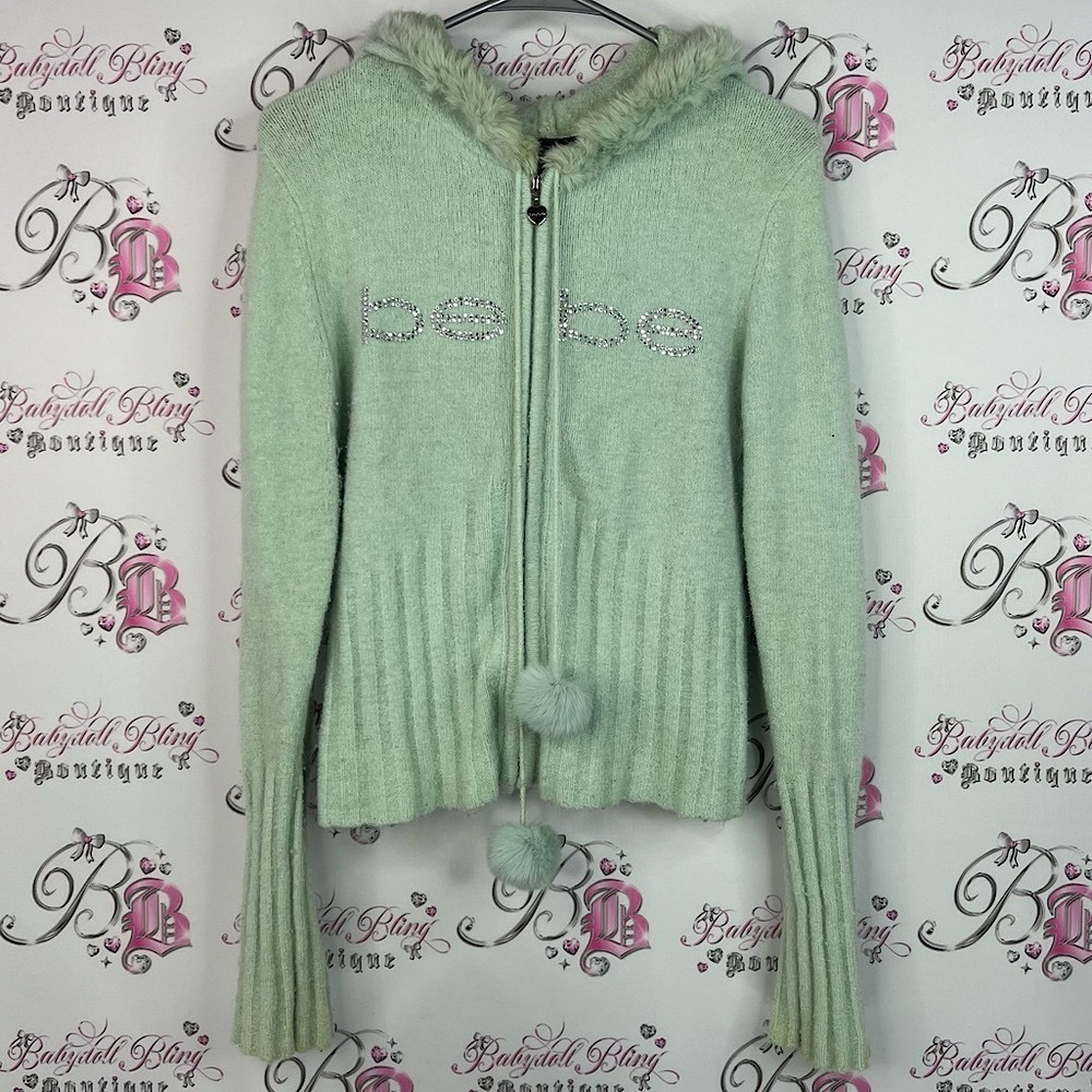 Bebe angora rabbit fur sweater hoodie Light Green Ribbed Sweater with Pom-Poms